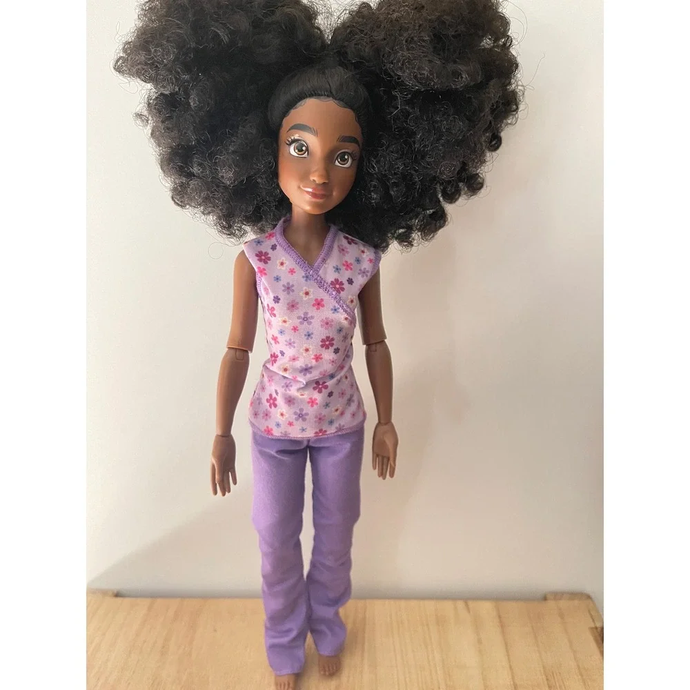 Disney Doll Black Curly Hair Brown Eyes Articulated Floral Top Purple Pants